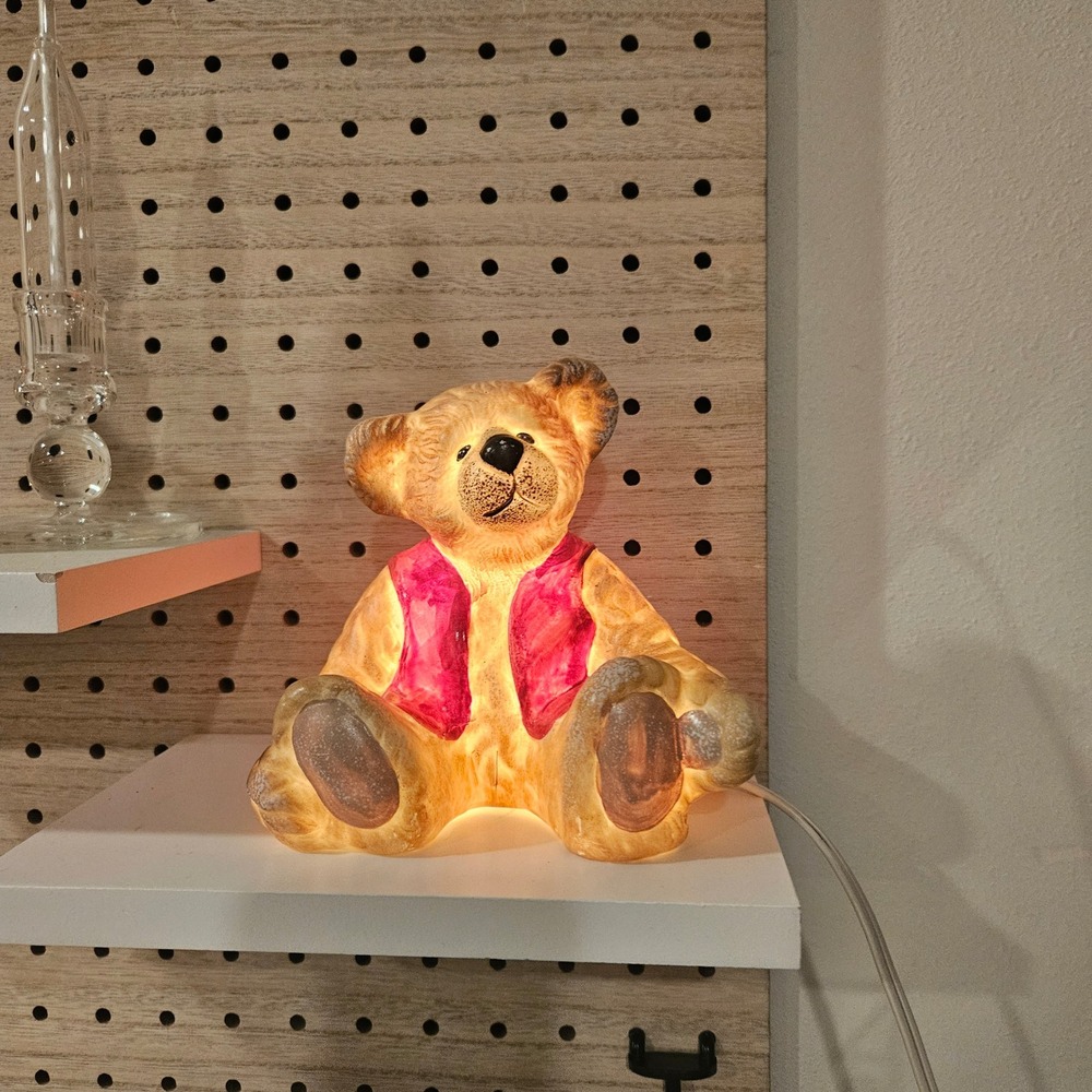 Vintage Teddy Bear Accent Lamp Red Vest Nursery Night Light 5x5